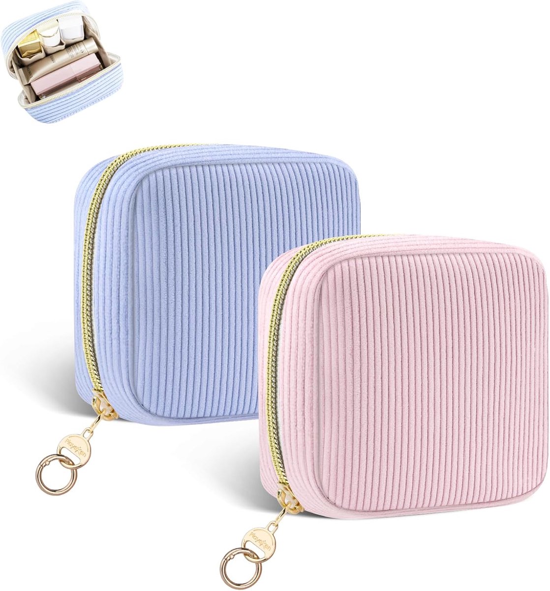 SnelShoppen - Pack van 2 Mini Makeup Bags voor Vrouwen - Corduroy Cosmetic Bag in Roze en Blauw - Ideaal voor Reizen, Lipstick, Nagellak - Perfect Cad