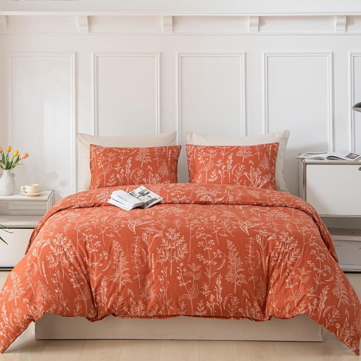 SnelShoppen - Duvet Cover 220x240 cm, 3-delige Set met Kussenslopen, Microvezel, Sage Patroon, Brick Red, Perfect voor Slaapkamer en Modern Interieur