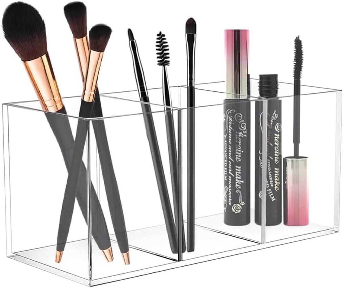 SnelShoppen - Acrylic Brush Holder 3 Compartimenten Makeup Organizer - Duidelijke Make-up Organizer - Vanity Badkamer Opbergdozen Multifunctionele Cos