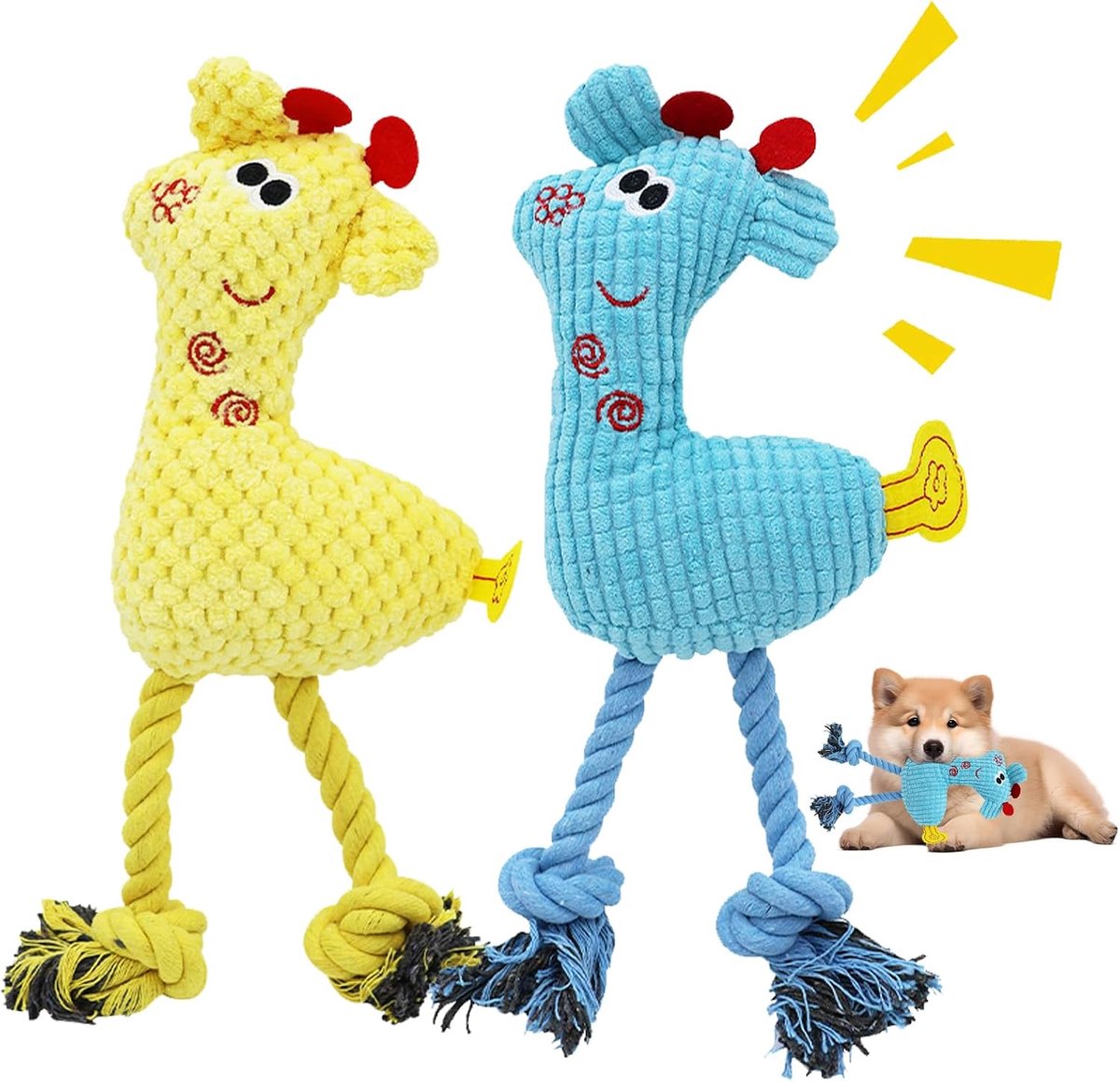 SnelShoppen – 2 Stuks Honden Speelgoed, Squeaky Katoenen Touw, Interactief Duurzaam Kauwspeelgoed, Gevuld Dier voor Honden (Blauw, Geel)