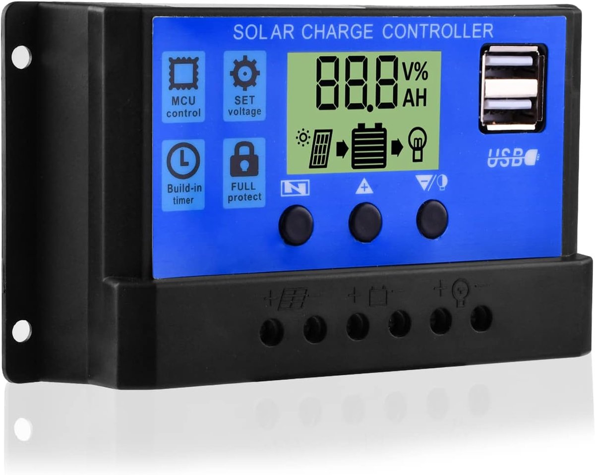 SnelShoppen - 30A Zonnepaneel Laad Controller met Dual USB Poort, LCD Display, 12V/24V PWM Beheer voor Leadaccu's, Ideaal voor Camping en Tuin