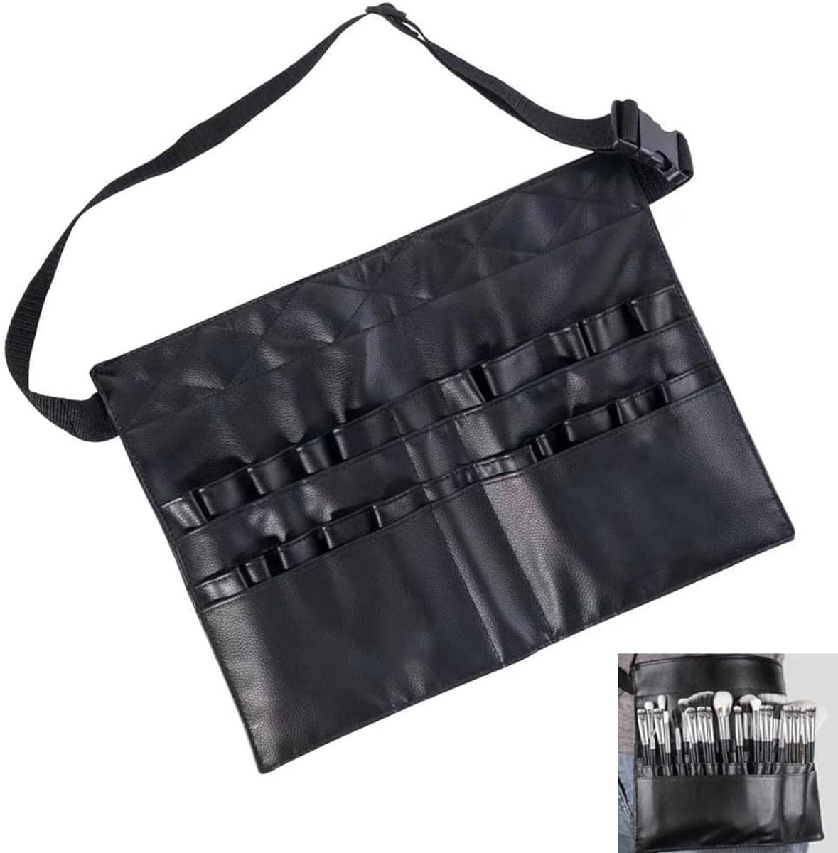 SnelShoppen - Makeup Bag Beauty Case - Cosmetica Tas met Schouderband voor Make-up Kwasten - Reis Makeup Brush Houder met 32 Compartimenten - Zwart PU