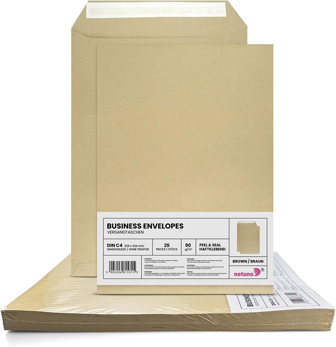 SnelShoppen - 25x C4 Bruine Verzendzakken 90 g/m² Zonder Venster Zelfklevende Enveloppen Maxibrief A4 229x324 mm Voor Facturen, Aanvraagformulieren, C
