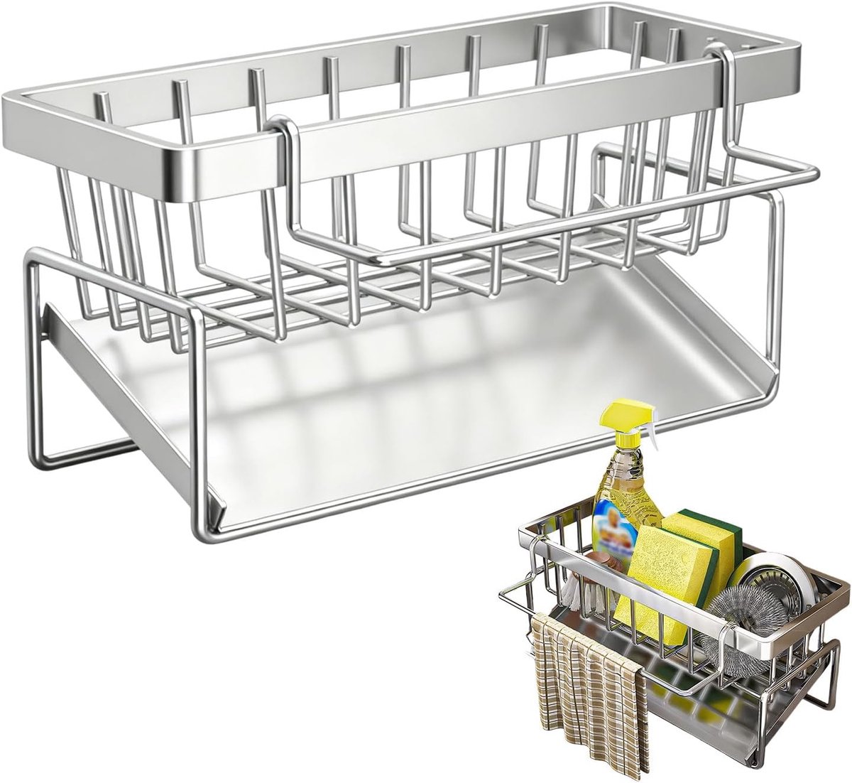 SnelShoppen - Black Organizer Keuken - Carbon Staal Spongehouder - Afwasmiddelhouder met Tray en Afneembare Handdoekhouder - Geschikt voor Keuken, Bad