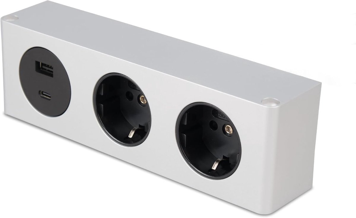 SnelShoppen - USB Oplaadstation met 2 Schuko Stopcontacten en USB-A/C Aansluitingen, Onderbouw Power Box voor Meubels, 200x46x62.5mm, Makkelijk te Ins