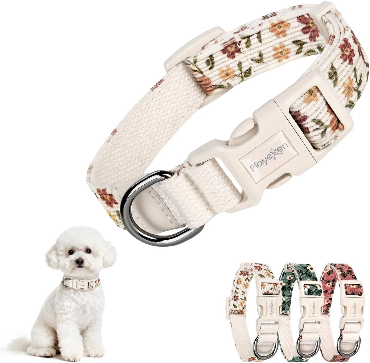 SnelShoppen - Verstelbare Hondenhalsband voor Kleine Honden en Katten, 25-40 cm, Corduroy Katoen, Bloemenmotief, Geel, Zachte en Ademende Halsband voo