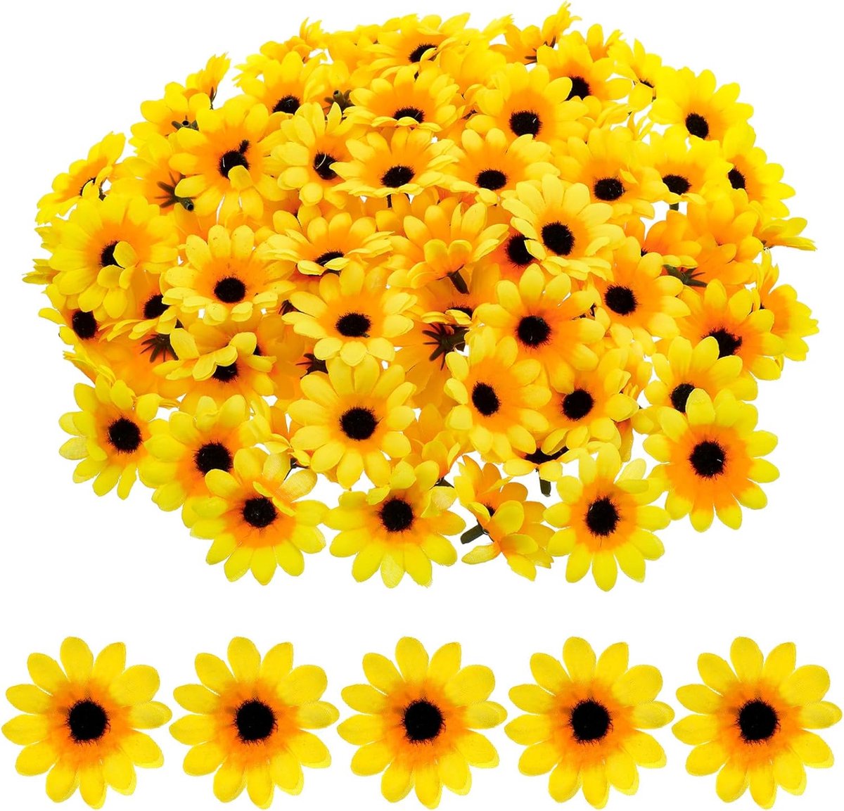 SnelShoppen - Kunstmatige Zonnebloemen 100 Stuks 4.5 cm Gele Bloemkoppen, Zijde Bloemen Decoratie, Mini Zonnebloem Ornamenten voor Bruiloft, Tuin, Fee
