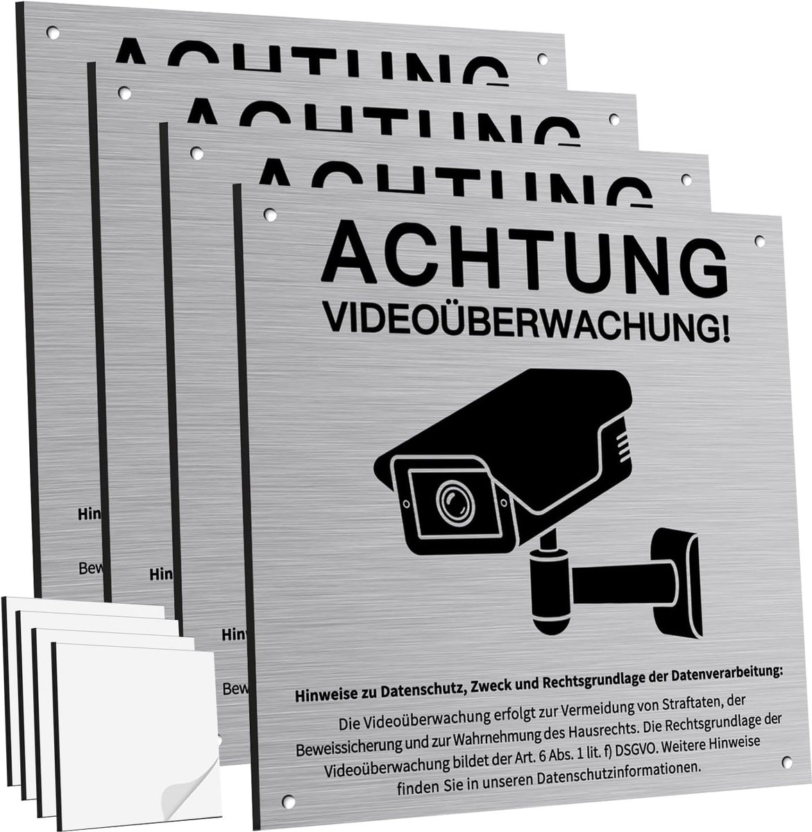 SnelShoppen - 4 Stuks Video Surveillance Signs - Aluminium Camera Waarschuwingsbord 15x15 cm met DSGVO Vermelding - Zelfklevend & Met Boorgaten voor B