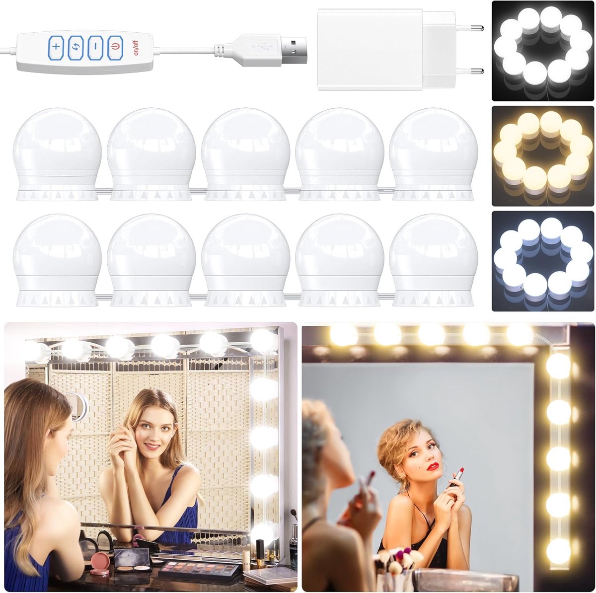 SnelShoppen - LED Mirror Lamp Hollywood Makeup Lamp met USB Kabel, 10 Dimbare Makeup Lichten, Professionele Cosmetische Spiegel Verlichting voor Makeu