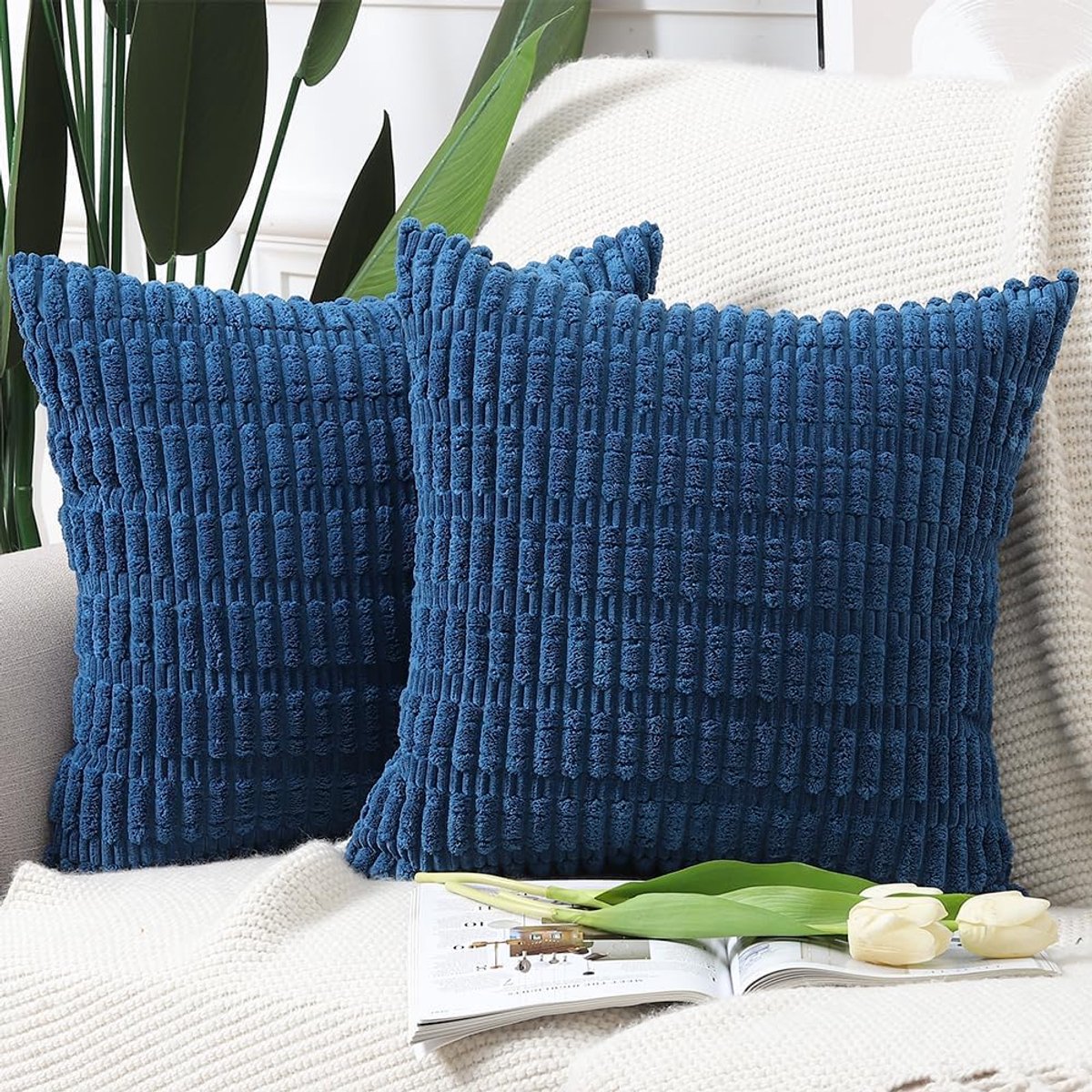 SnelShoppen - Set van 2 Boho Gestreepte Corduroy Kussenhoezen 65x65cm - Zachte Decoratieve Kussens voor Bank en Slaapkamer - Blauw