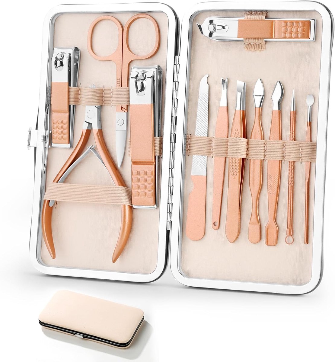 SnelShoppen - Manicure Set voor Vrouwen en Mannen - 10-delig Roze Goud - Inclusief Nagelknippers, Pedicure en Gezichtsverzorging - Professioneel RVS -