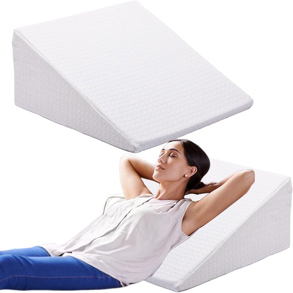 Wedge kussen van traagschuim en hoge dichtheid, ideaal als rug- of beensteun voor bed en bank, perfect als refluxkussen voor extra comfort.