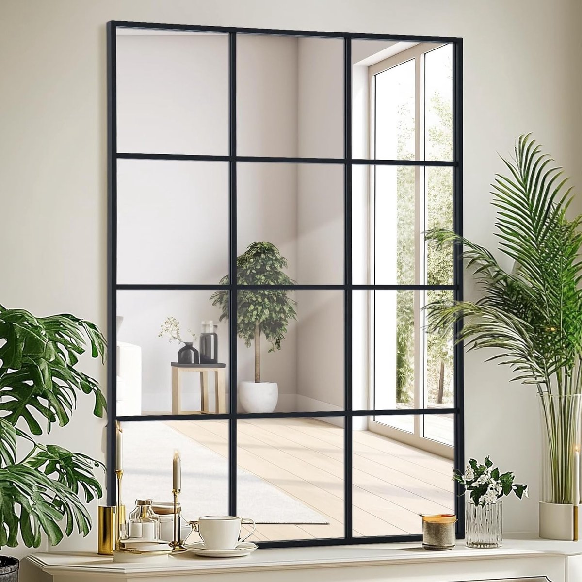 Rechthoekige Spiegel 75 x 120 cm met Zwart Aluminium Frame voor Woonkamer, Hal en Tuin Decoratie