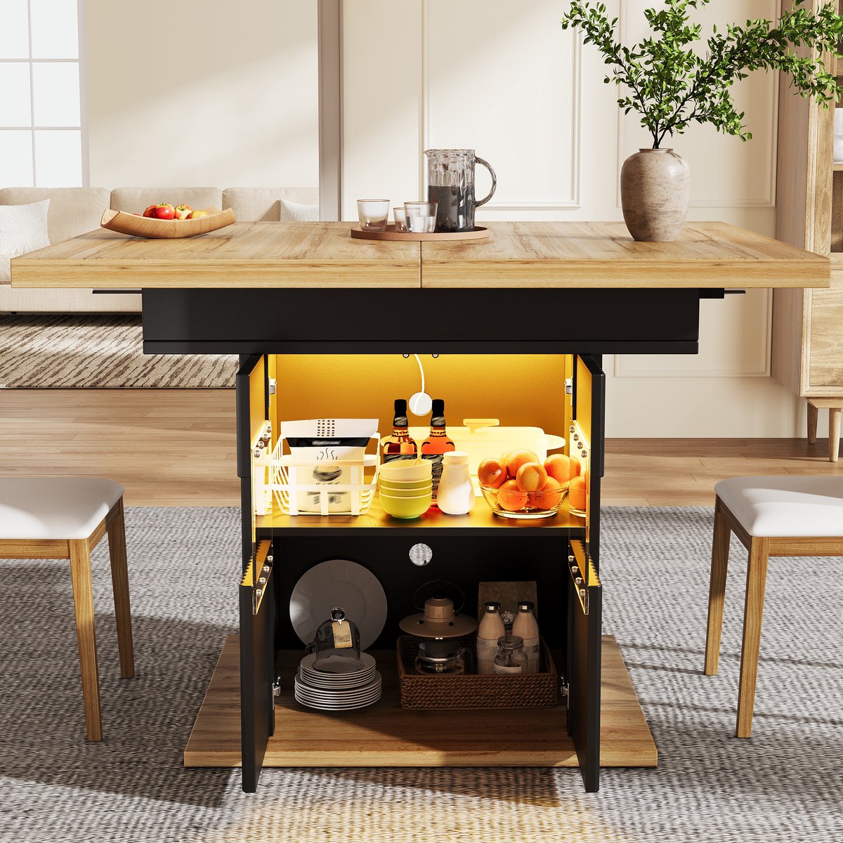 HAUSS SPOLE Eettafel - Uitschuifbaar Met Opbergruimte En Ledverlichting - Voor Keuken En Eetkamer - MDF Metaal - Zwart - 110-140x80x76 cm