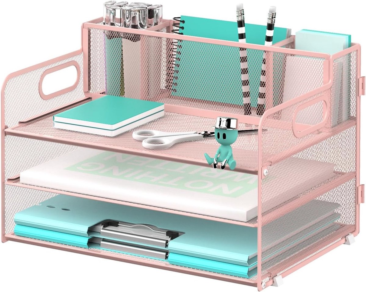 Praktische Desk Organizer met 3 Niveaus, Handvat, 3 Pennenhouders en Opbergruimte voor Documenten en Kantoorbenodigdheden in Schattig Roze