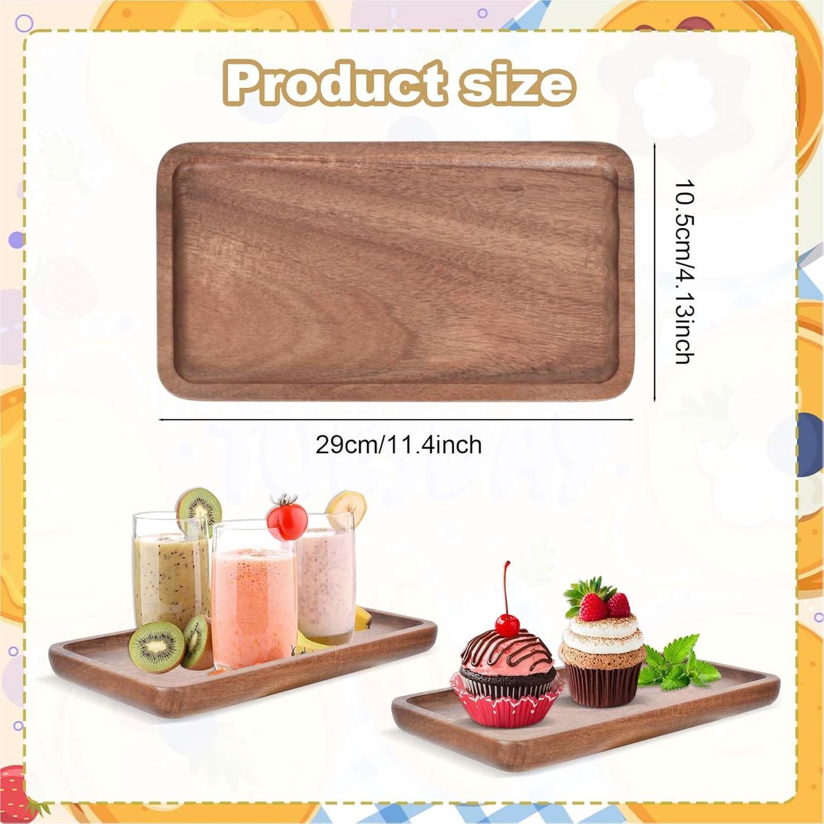SnelShoppen - Rectangular Wooden Tray - Acacia Wood Tray - Decorative Serving Tray - Ideal for Tea, Coffee, Cake - Perfect for Kitchen, Dining, Partie