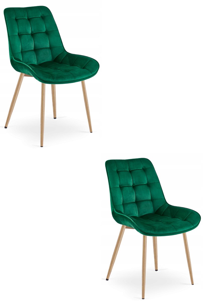 Oskar Set van 2 Eetkamerstoelen BERA – Donkergroen Velvet / Fluweel – Gestoffeerde Zitting – Metalen Poten in Eikenlook – Modern Scandinavisch Design – Voor Eetkamer, Keuken en Woonkamer