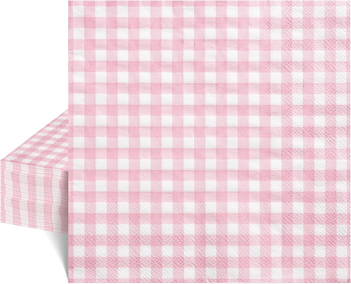 SnelShoppen - 40 Stuks Roze Gingham Servetten 6.5" Geruit Papieren Servetten 2 Laags Roze en Wit Voor Pasen Bruiloft Babyshower Picknick Verjaardag Mo