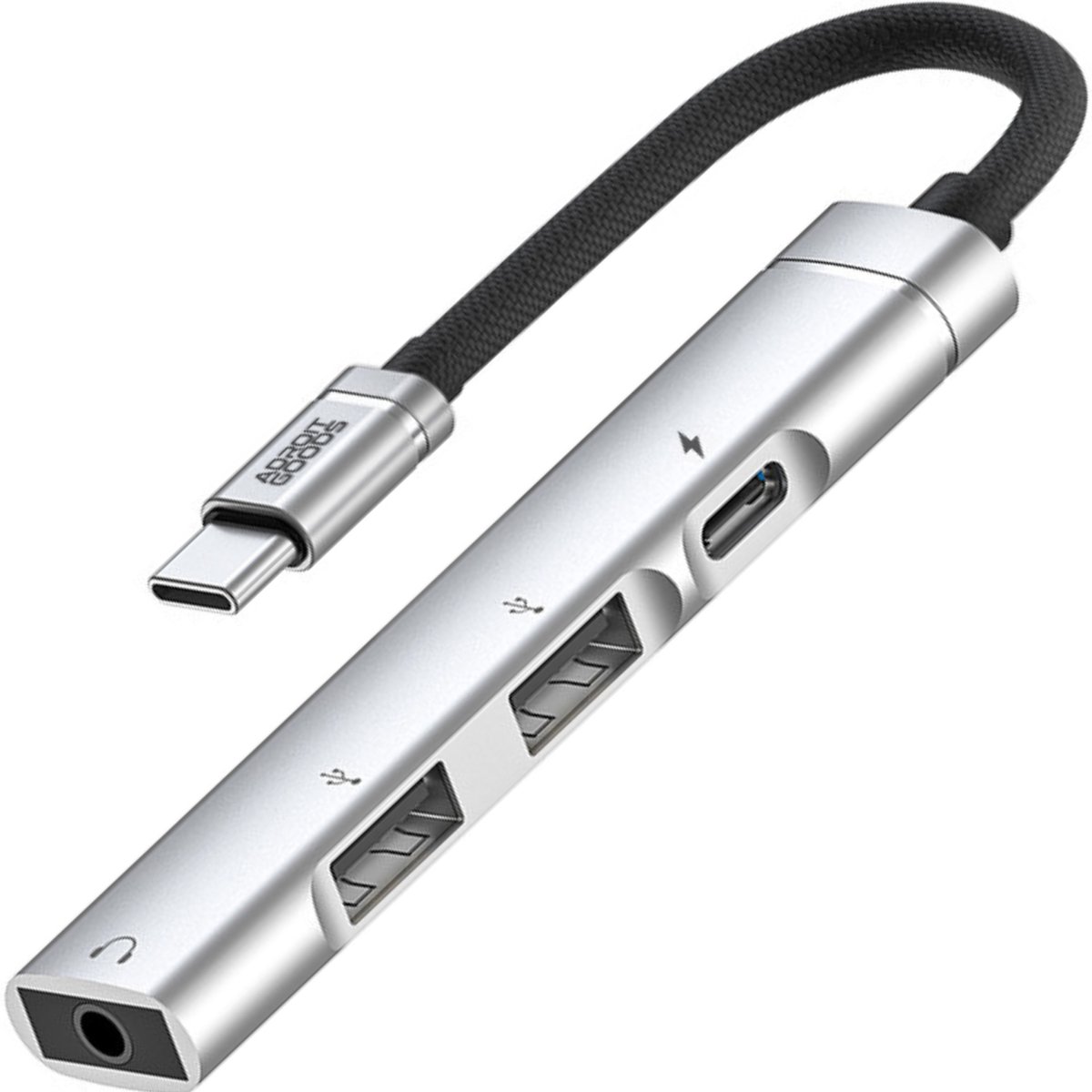 AdroitGoods USB-C Hub 4-in-1 - 2x USB-A - USB-C Opladen - 3.5mm Jack - OTG Adapter - Compacte Splitter voor Laptop Tablet Smartphone - Silver
