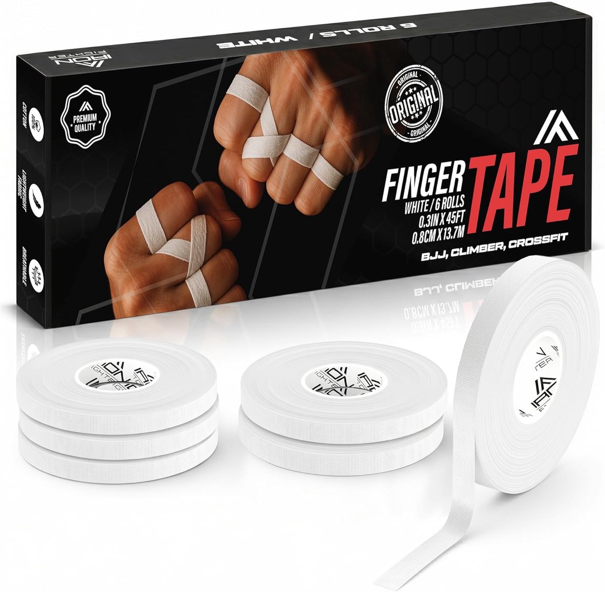 SnelShoppen - 6 x Fingertape Straps 0.8 cm x 13.7 m - Witte Fingertape Rollen voor Jiu Jitsu, Klimmen, Crossfit, MMA, Grappling, Judo, Volleybal, Krac
