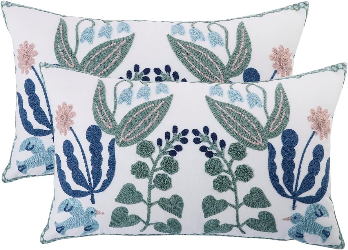 SnelShoppen - 2x Tosleo Geborduurde Decoratieve Kussenslopen 30x50 cm Groene Bladeren met Blauwe Vogels Bloemen Kussenslopen Boerderijstijl Woondecora