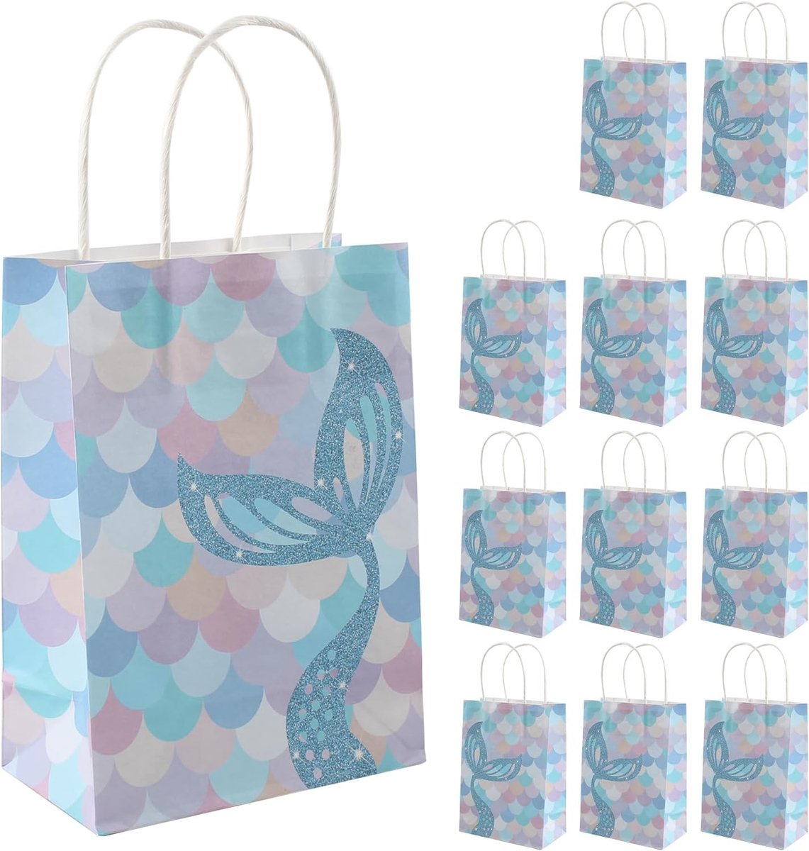 SnelShoppen - 12 Stuks Zeemeermin Feesttassen, Kraft Papieren Gift Bags met Handvat, Gekleurde Papieren Tassen voor Verjaardag, Feest en Cadeaus