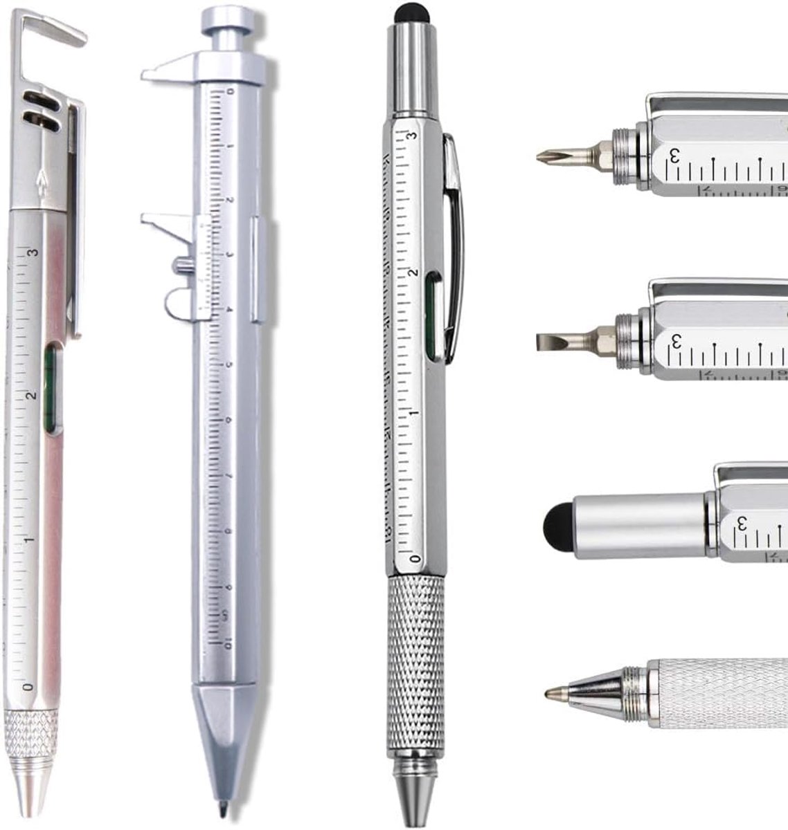 SnelShoppen - 3-in-1 Multifunctionele Pen voor Mannen - Aluminium Zilver - Met Telefoonhouder, Waterpas, Schaal en Schroevendraaier - Perfect Geschenk