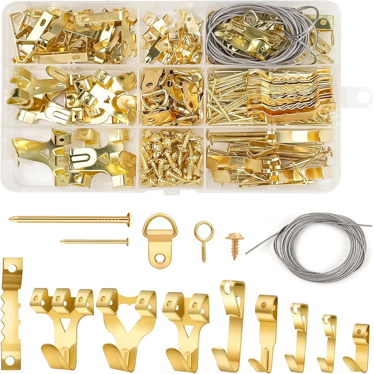 SnelShoppen - Pack van 267 zware duty foto haken, 4.5-34 kg, inclusief zaagtand haken, D-ringen, oogschroeven, staaldraden en schroeven voor wandmonta