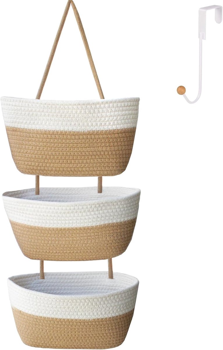 Thijox - Hangende Opbergmand Boven De Deur - Weven Katoenen Touw Wandhouder - Decoratieve Keuken & Badkamer - Inclusief 1 Haak - Vlas + Wit - Ideaal v