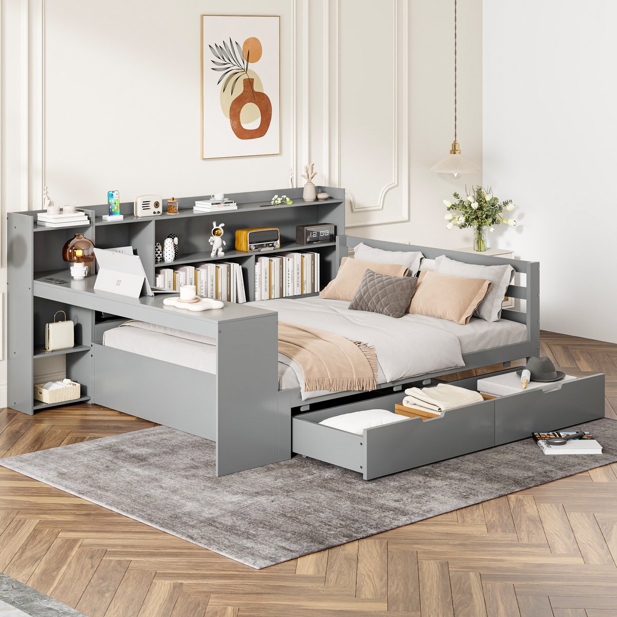 Slaapbank 140x200 cm - Met Bureau, Boekenkast, Opbergvakken en Stopcontact - Zonder Matras - Massief Hout en MDF - Grijs