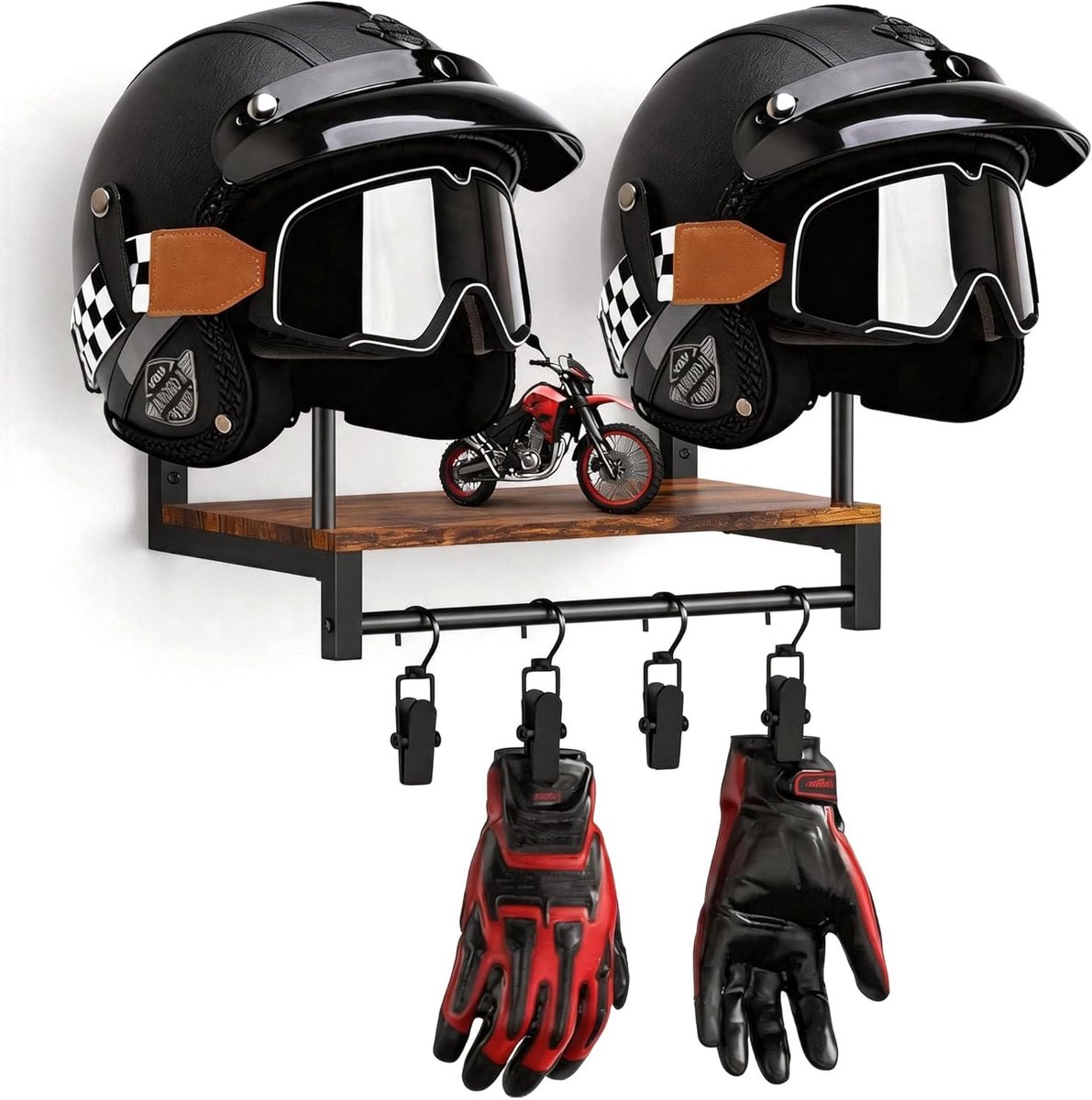 SnelShoppen - Motorhelm Houder Muur Bevestigd voor 2 Helmen - Stevige Helmenhouder van Metaal en Hout met 4 Hangclips voor Motor Kleding en Handschoen