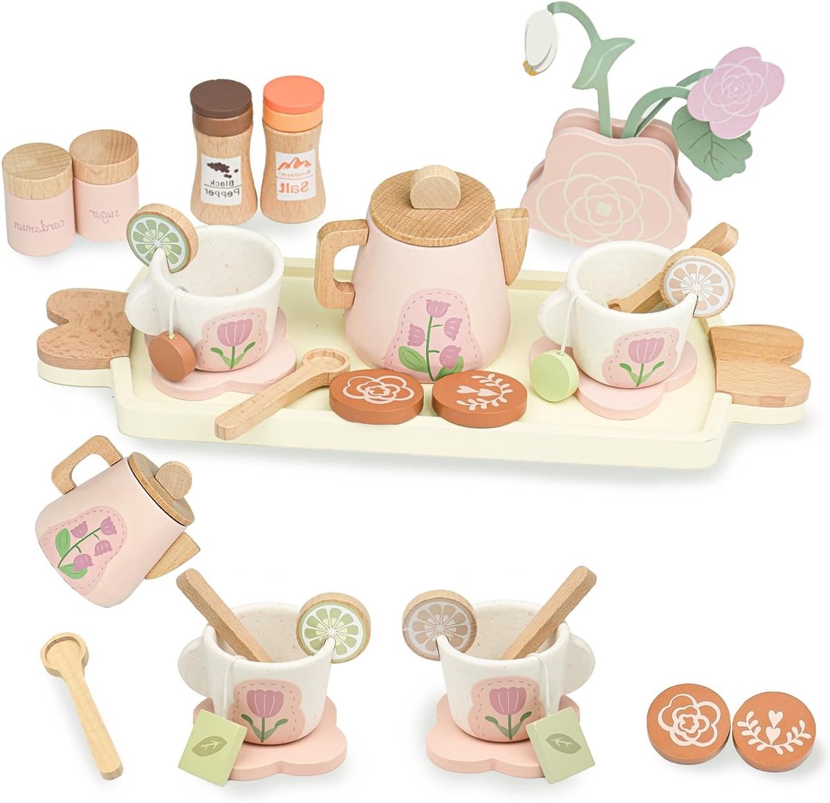 Houten theeset voor peuters, rollenspel speelgoed, keukenspeelgoed, theeparty accessoires voor kinderen, cadeau voor 3-5 jarigen
