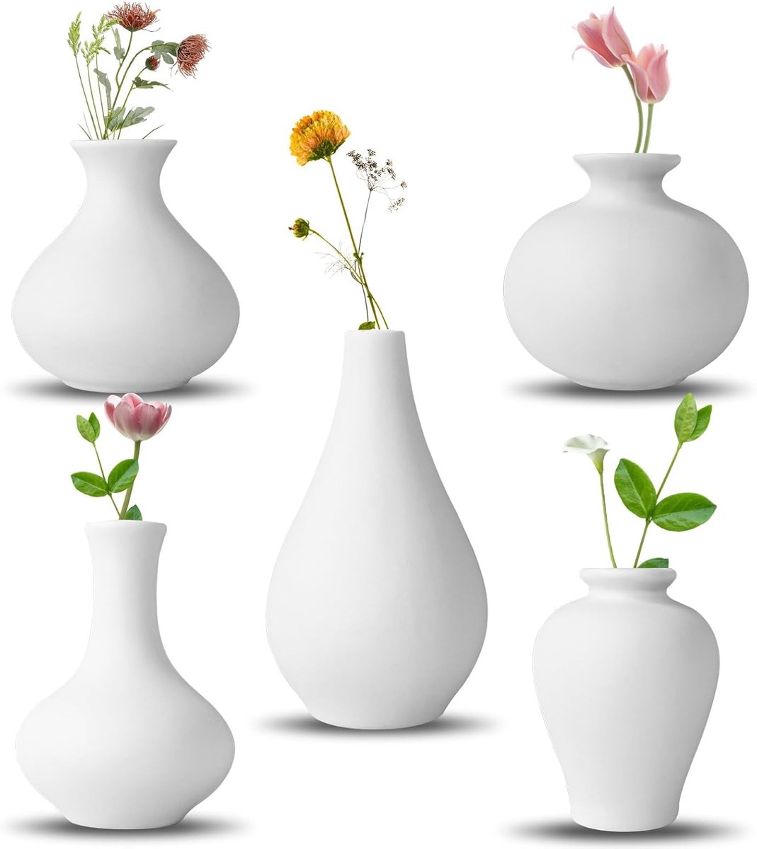 SnelShoppen - Set van 5 Witte Mini Bloemenvazen - Handgemaakte Keramische Vazen voor Moderne Woondecoratie - Perfect voor Pampasgras, Woonkamer, Eetta