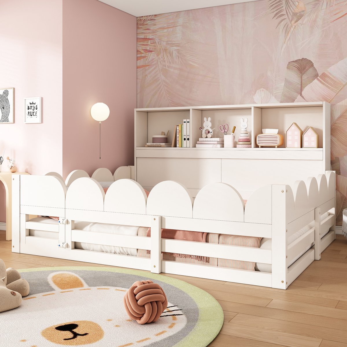 Kinderbed 140x200 cm - Vloerbed Met Veiligheidshekje, Deur en Opbergvak - Zonder Matras - Voor Slaap- en Speelhoek - Hout - Wit