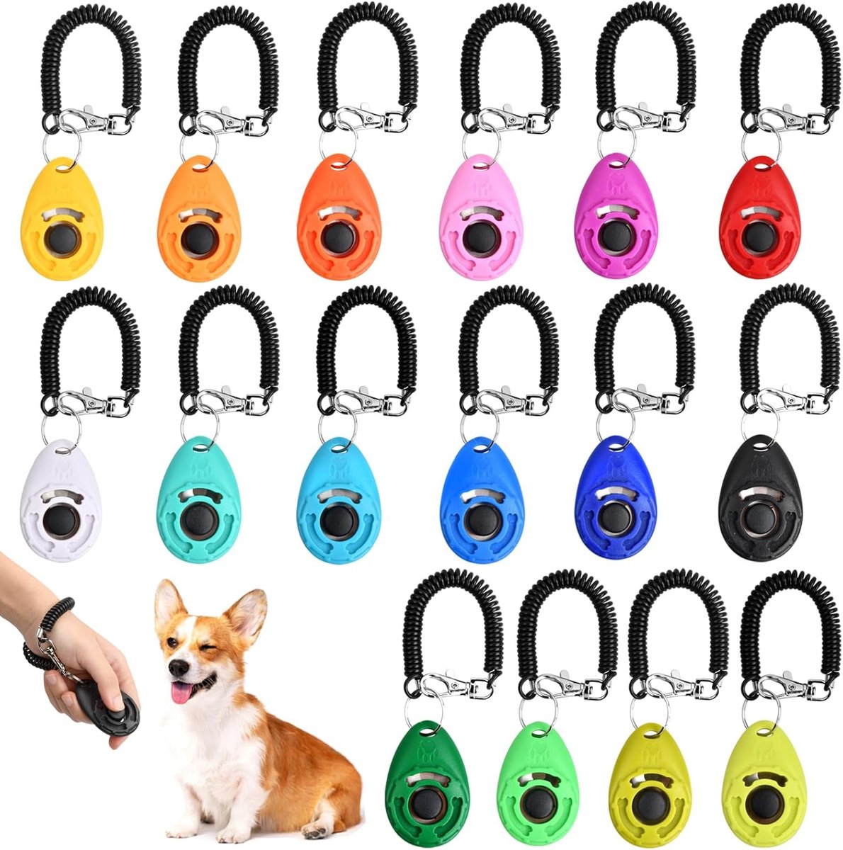 SnelShoppen - 16pcs Professionele Dog Clicker Set voor Honden, Katten en Paarden - Inclusief Polsband - Kleurige Training Clickers met Grote Knop voor