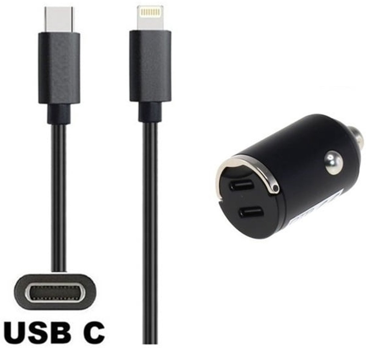 OneOne auto snellader met 2 poorten + 0,2m sterke USB C naar C kabel. 40 Watt (2x 20W) lader. Autolader adapter past op Apple iPhone SE 2, iPhone 8, 8 Plus, iPhone 10, iPhone X, iPhone XR, iPhone XS, iPhone XS Max