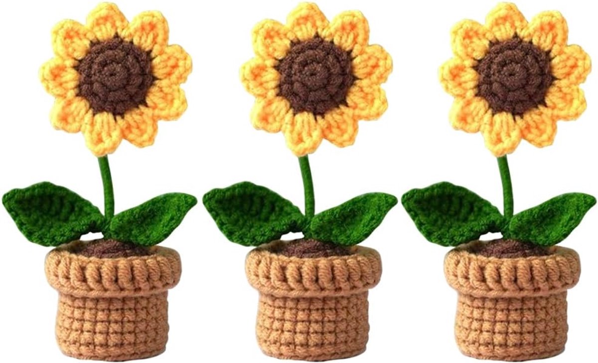 SnelShoppen - 3 Stuks Mini Kunstbloemen Potten Handgemaakte Haakbloemen Volledig Handgemaakt Zonnebloem Haakwerk voor Thuis Kantoor Dashboard Auto Dec