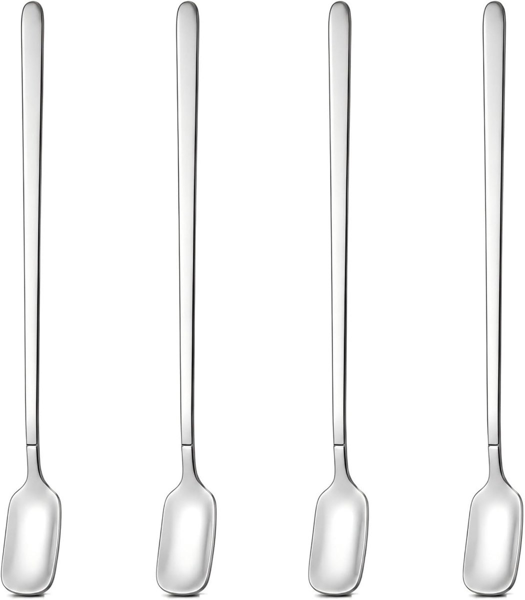 SnelShoppen - 22,8 cm Lange Steel Bar Lepel Set (4-delig) Roestvrij Staal voor Milkshake, Ijsthee, Cocktailmixen en Koude Dranken - Perfect voor Thuis
