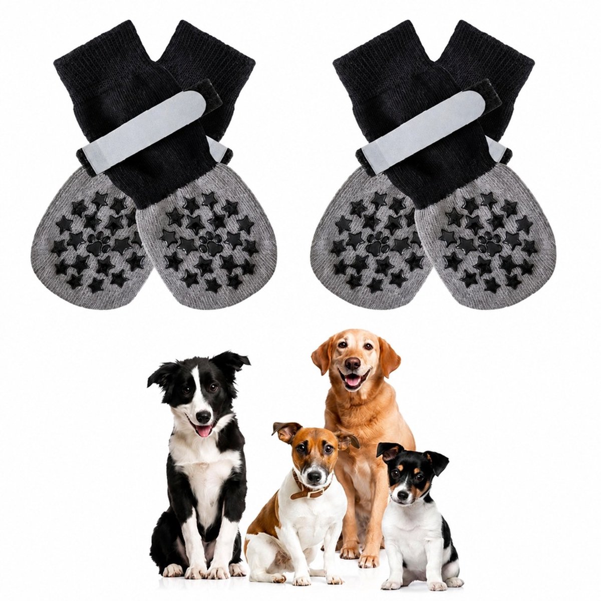 Aventrix Hondensokken Antislip – Maat L – Honden Sokken tegen Uitglijden en Likkende Poten – Klittenband – Pootbescherming Binnen & Buiten – Set van 4 - zwart/grijs