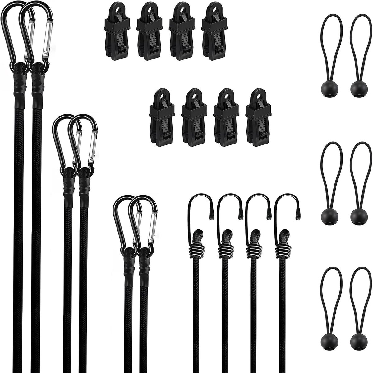 SnelShoppen - 24 Stuks Tension Rubber met Haak, Elastische Straps met Karabijnhaken voor Luggage, Tarpaulins, Camping en Meer - Duurzaam en Weerbesten
