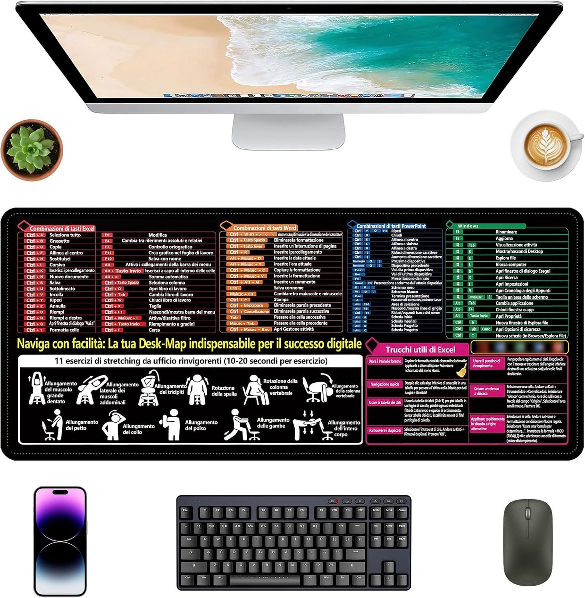 SnelShoppen - XXL Muismat, Tafelmat, Italiaanse Excel Toetsencombinaties voor Word, PowerPoint en Windows, Ideaal voor Kantoor, Thuis en Universiteit,