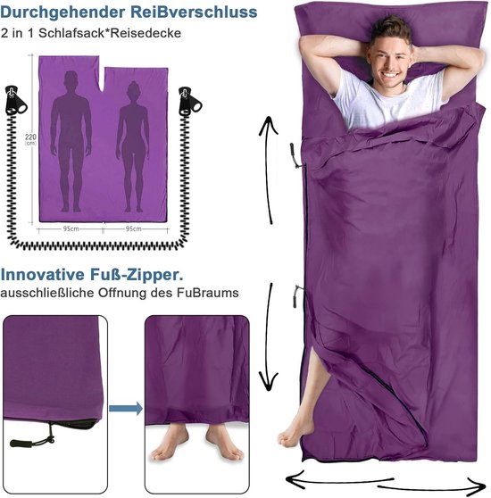 Thijox - Huttenslaapzak 2-in-1 Geüpgraded met Voetritssluiting en Doorlopende Rits, Microvezel, Ideaal voor Backpacking, Hostels, Camping, 220x95 cm van Thijox — afbeelding 2