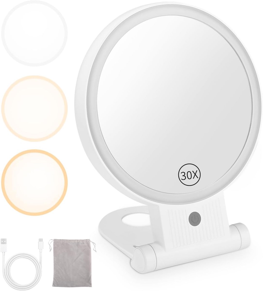 Thijox - Make-up Spiegel Vergrootglas 30X met Lichten, Oplaadbare 3-modi Verlichting, 360° Swivel Zuig Cup Spiegel Draagbaar met Opbergtas