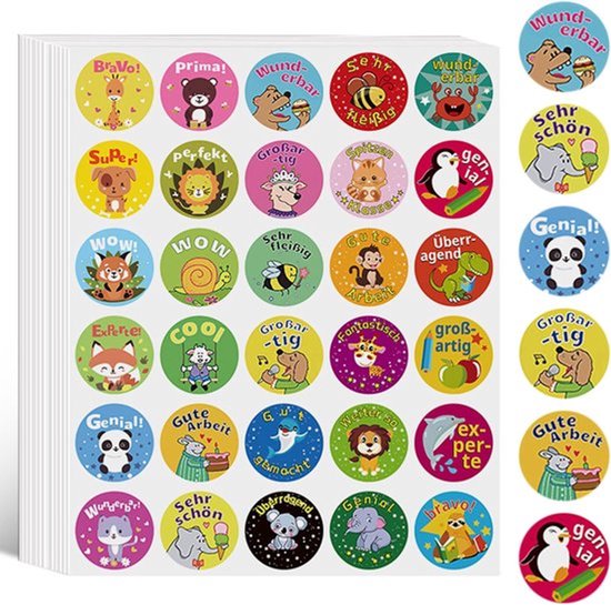 Pakket van 600 Motivatie Stickers voor kinderen - Zelfklevende ronde dierenbeloningsstickers - Motivatie Stickers voor leraren en ouders in het klaslokaal en thuis