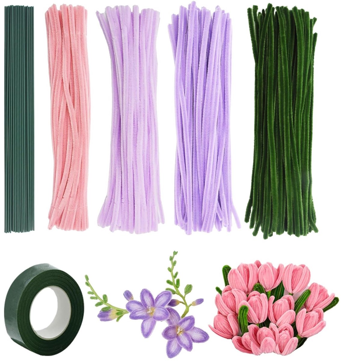 Langdurige Pijp Reinigers voor Bloemen, Chenille Stelen in 4 Kleuren, Perfect voor Tulpen en Bloemstukken Crafting