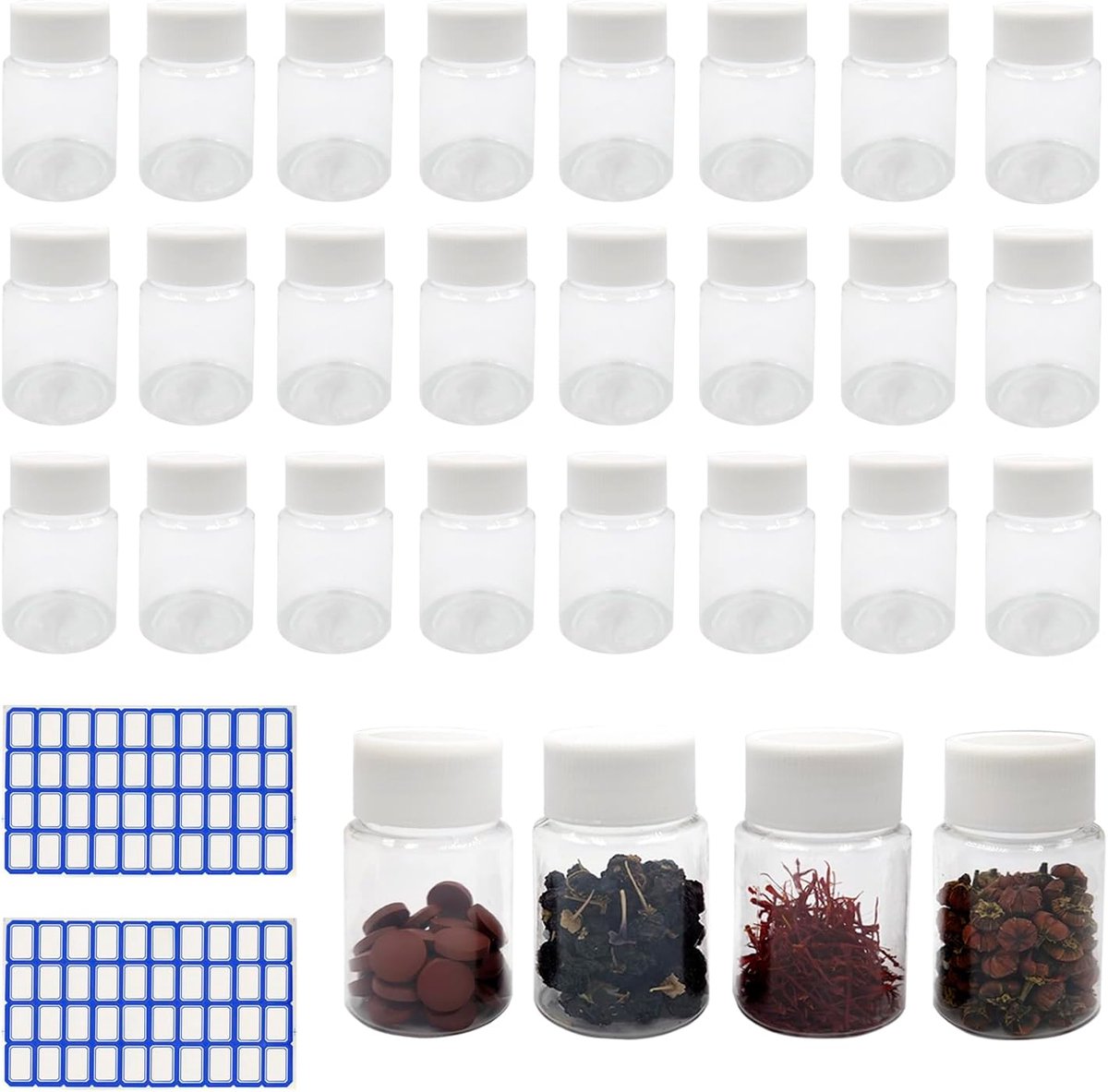 SnelShoppen - Lege Duidelijke Monstersflesjes 30 Stuks 30 ml met Witte Schroefdop en 80 Stickers, Herbruikbaar, Lichtgewicht voor Cosmetica, Camping,