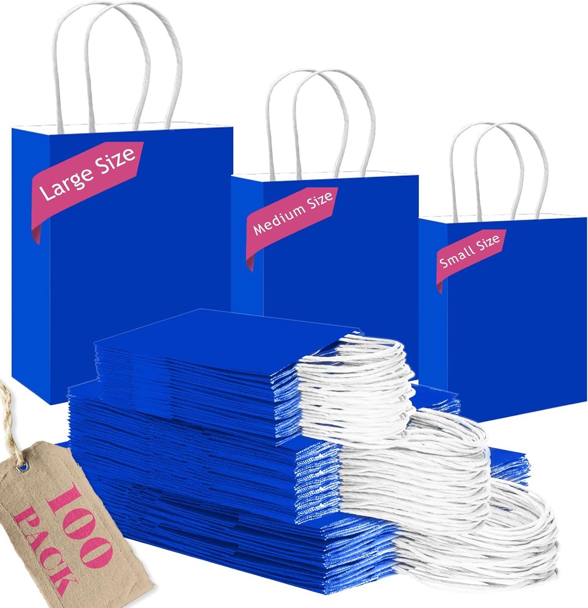 SnelShoppen - Grote Verpakking van 100 Diamond Blue Papieren Tassen met Handvatten - Diverse Maten - Stevige Kraftpapier - Perfect voor Feesten, Cadea
