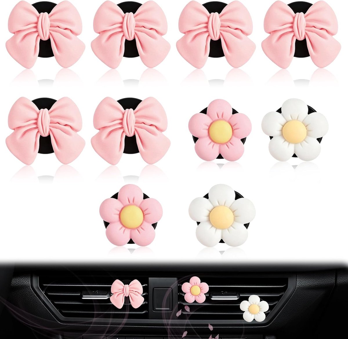 SnelShoppen - 10 stuks auto-luchtverfrissers clip, geur diffuser voor ventilatiesleuven, vrouwen interieurdecoratie, strik bloemen accessoires, geurig