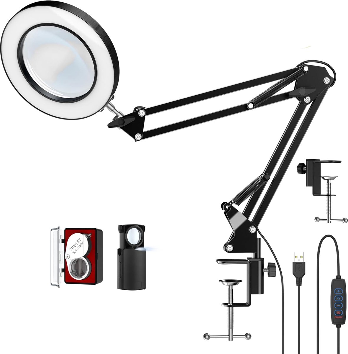 SnelShoppen - 10X LED Vergrootglas Bureau Lamp met Klem, Handsfree Magnifier met 72 LED Lichten, 3 Kleur Modi Stepless Dimmable, Inclusief Twee Stuks