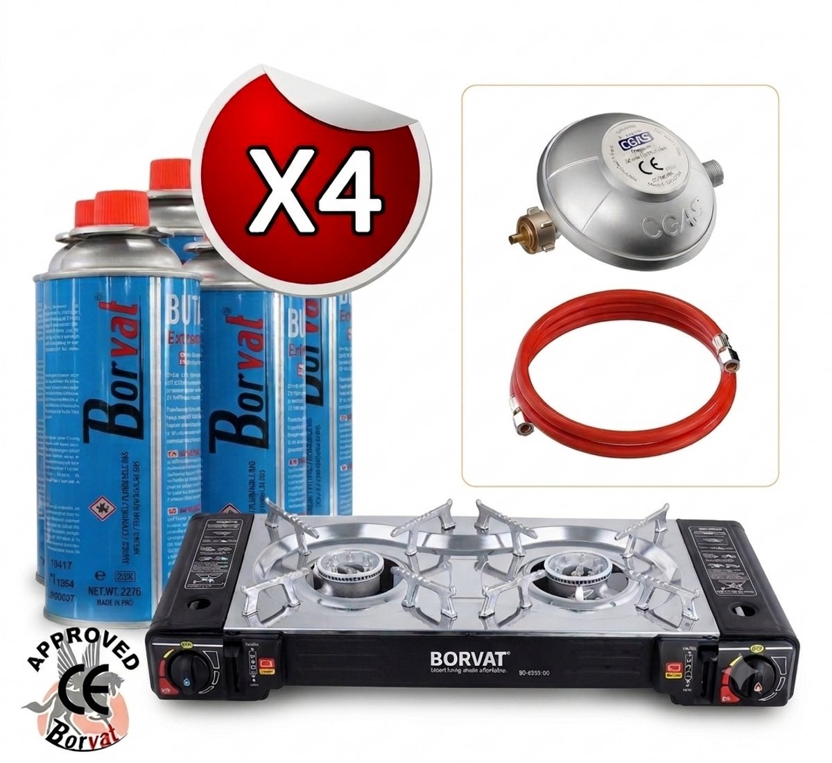 Borvat® Kooktoestel 2 Pits - Camping Gasfornuis - Elektronische Ontsteking - Inclusief 1,5 m Gasslang, 50 mbar Drukregelaar & 4 Butaan Gaspatronen 227g -met Draagkoffer- Zwart